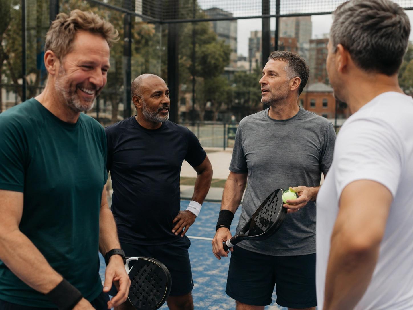 A group chatting beside a padel court